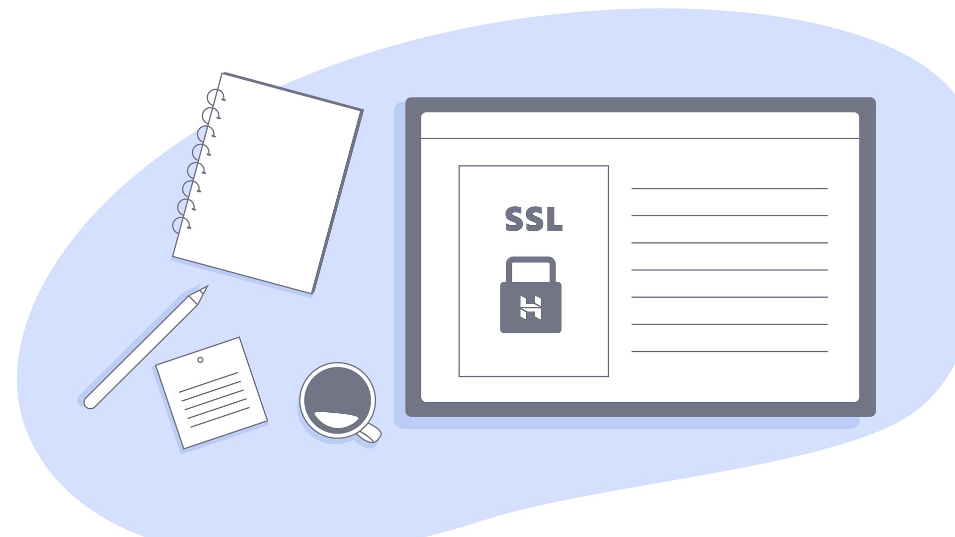 Zeichnung mit Bildschirm, auf dem SSL steht, darunter ein Schloss, links daneben liegt oben ein Schreibblock, Bleistift und kleiner Zettel.